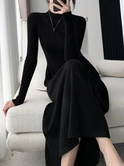 vmtvr New Fashion Solid Elegant Knitted Sweater Dress Women Vintage A-Line Ribbed Casual Party Black Vestidos Female Autumn Clothes