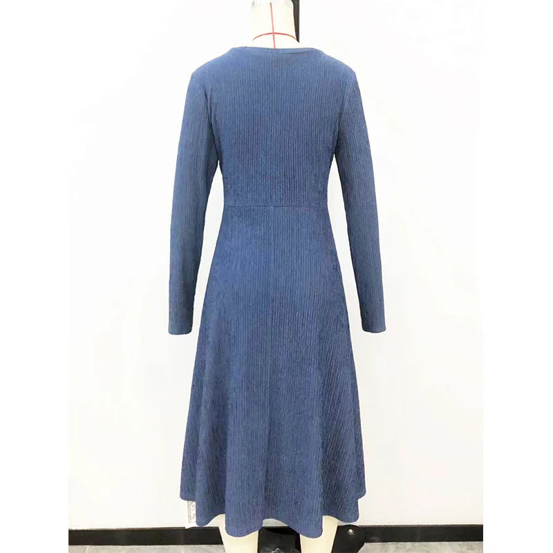 vmtvr  -  Casual V-Neck Pit Strip Long Sleeve Waist Retraction Spring Autumn Clothes Blue Pullover Knurling A-line Midi Dress for Women