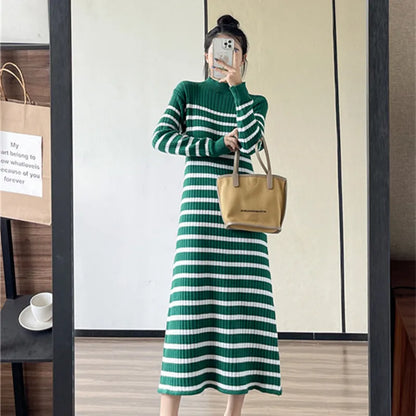 vmtvr Striped Knitted Robe Dresses Clothing For Women Autumn Winter Vintage Casual A Line Long Sleeve Maxi Sweater Dress Female