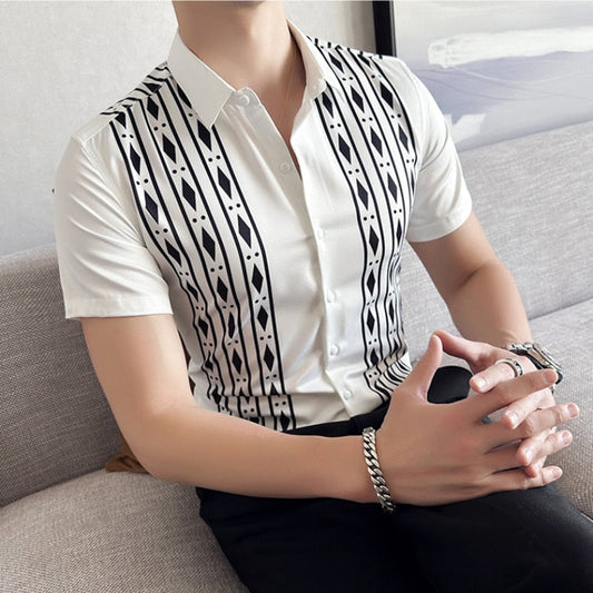 Plus Size 6XL-M Summer New Men Clothing Casual Men Stripes Printed Short Sleeve Shirt Fashion Slim Fit Social Party Dress Shirts