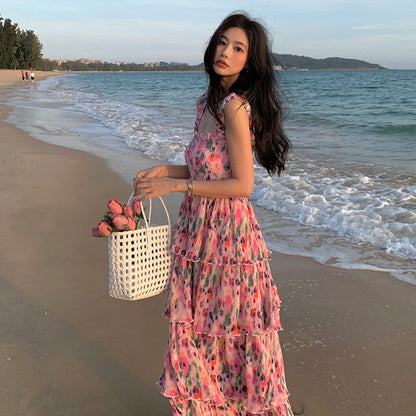 vmtvr Summer Women's Floral Vacation Beach Dress Midi Long Square Collar Lolita Dresses Bohemian Folds 2024 New Elegant Chic Chiffon