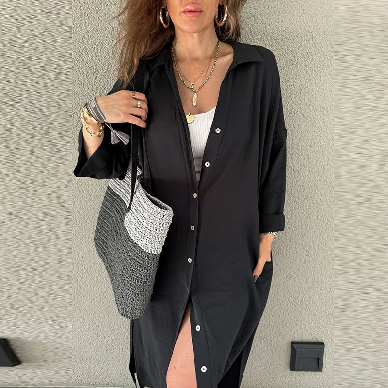 vmtvr  -  Spring Casual Solid Lazy Long Shirt Dress Women Single Breasted Split A-Line Party Dress New Autumn Long Sleeve Lady Party Dress