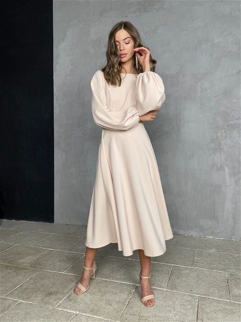 vmtvr Midi Dress O-neck Lantern Sleeves Casual A-line Elegant Female Clothing