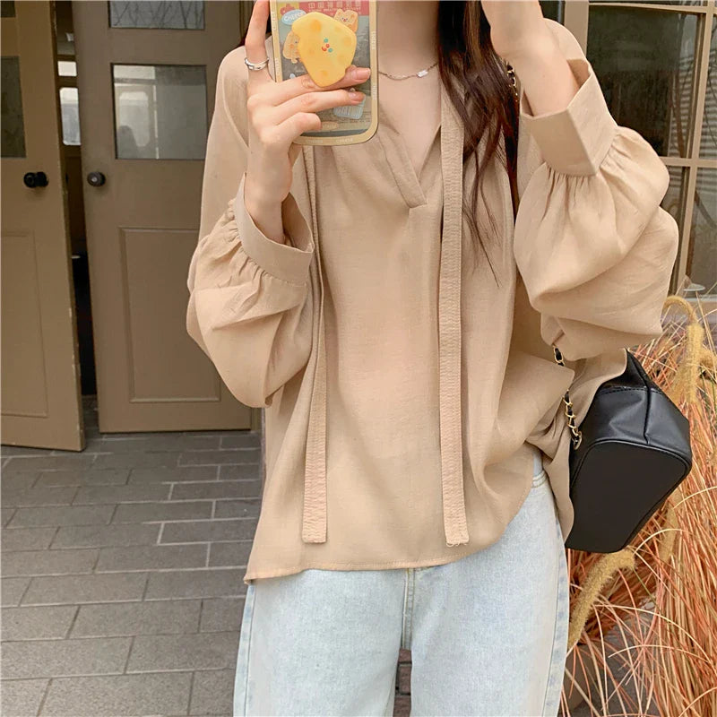 -Fall Outfits Long Sleeve Top Korean Fashion Micro Through Chiffon Shirts Women Spring Summer New Loose Ribbon Stand Collar Long Sleeve Blouses Tops Mujer