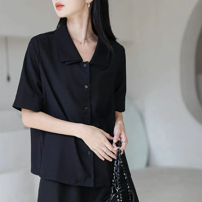 vmtvr Y2K Double Collar Chiffon Shirt Korean Fashion All Match Women Half Sleeve Tops Summer Casual Office Ladies Black Blouse