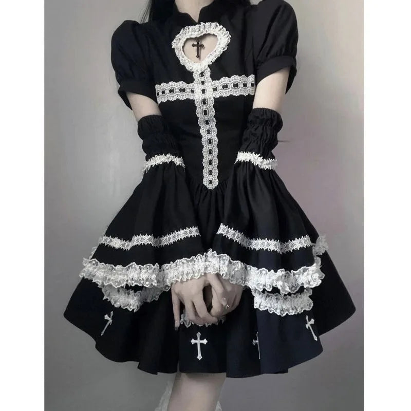 vmtvr  -  Japanese Gothic Cosplay Dress Female Harajuku Maid Kawaii Lolita Dress Women Costumes Hollow Out Long Sleeve Lace Y2k Clothes