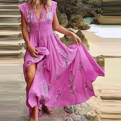 vmtvr 2024 Summer Short Sleeve Long Dress Women Clothing Vacation Beach Bohemian Sundress Female Korean Fashion Sexy Slim Floral Skirt