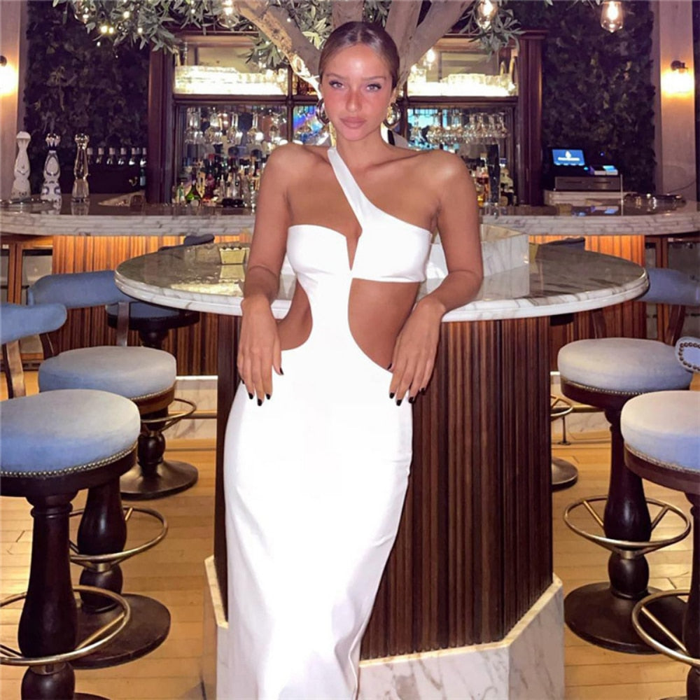 White Long Summer Dress Women Sexy Cut Out Slim Evening Party Dress Fashion One Shoulder Vacation Beach Maxi Dresses 2023 New