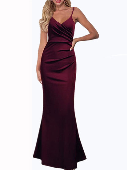 vmtvr - 2023 Draped V-Neck Classy Evening Long Dress Women Black Satin Formal Dress Sleeveless Floor-Length Sexy Bodycon Dresses robe