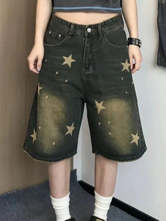 vmtvr Summer Blue Star Denim Shorts 90s Aesthetic Knee Length Jeans Shorts Women 2000s Vintage Y2k Cowboy Short Pants Harajuku Clothes