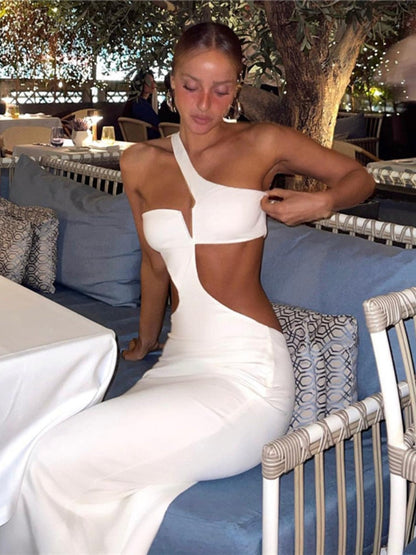 White Long Summer Dress Women Sexy Cut Out Slim Evening Party Dress Fashion One Shoulder Vacation Beach Maxi Dresses 2023 New