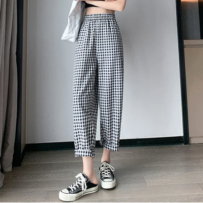 vmtvr Women Cotton Linen Plaid Pants Korean Casual Streetwear Ankle Length Pants Summer Fashion Female High Waist Y2K Trousers New