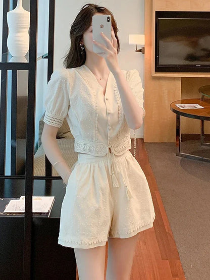 vmtvr Summer New In Women's Shorts Matching Sets Korean Elegant Lace Chiffon Short Sleeve Wide Leg Shorts Plus Size Two Piece Set