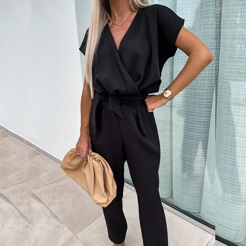 vmtvr Commuter Lady Elegant Straight Jumpsuits Spring Wrap V Neck Belted Women Playsuit Romper Summer Short Sleeve Solid Slim Overalls