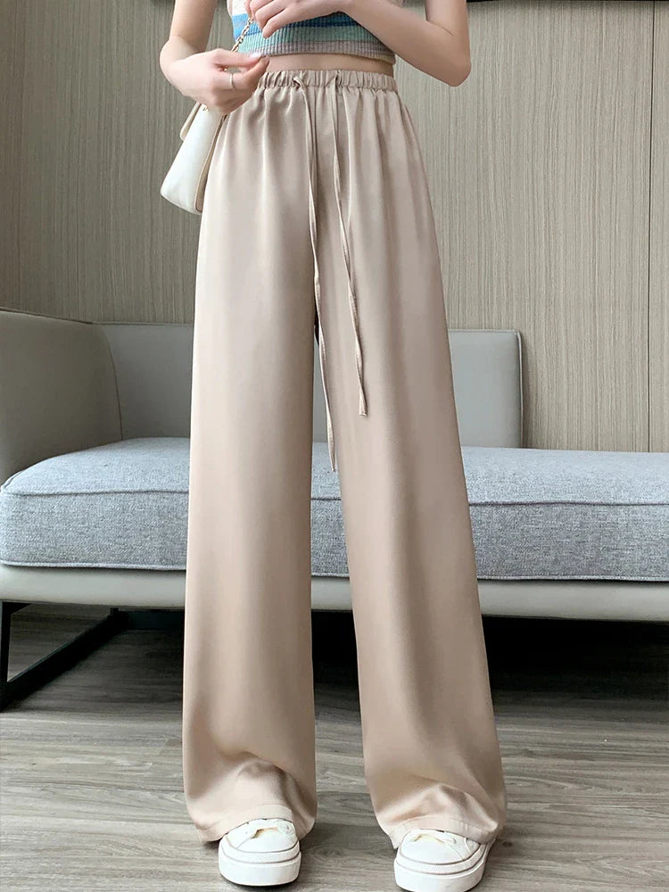 vmtvr Women's Wide Leg Pants Summer Ice Silk Straight Trousers High Waist Ladies Casual Loose Satin Soft Full-length Pants for Women