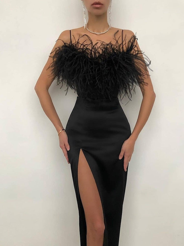 vmtvr Luxury Feathers Dress Women Sleeveless Spaghetti Strap High Waist Bodycon Slit Mid-calf Wedding Birthday Party Evening Dresses