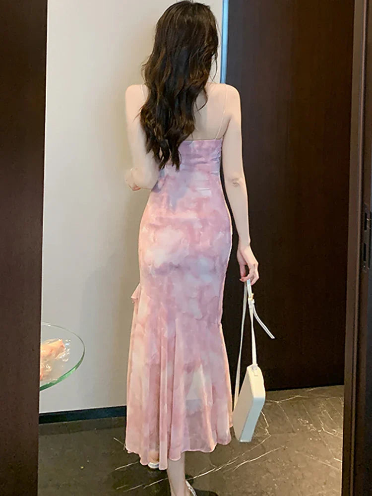 vmtvr 2024 Pink Chiffon Chic Ruffled Sling Long Dress Summer Elegant Casual Beach Sundress Women Korean Bodycon Mermaid Evening Dress