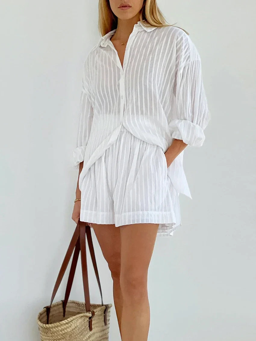 vmtvr Casual Shorts Sets Striped Jacquard 2 Pieces Cozy Lapel Lantern Sleeve Shirt Summer Outfit Elastic Waist Shorts Suits