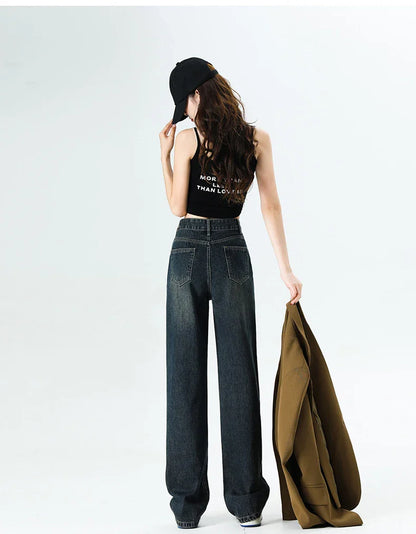 vmtvr Original Design Pocket Ragged Edge Wide Leg Jeans 2024 New Spring And Summer Women's High Waist Loose Casual Straight Leg Jeans