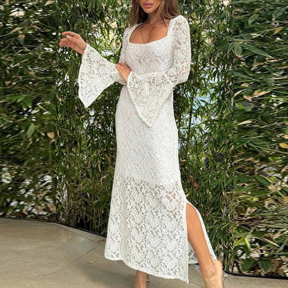 vmtvr  -  Women Elegant Square Neck Solid Long Dress Sexy Embroidered Lace Hollow Party Dress Fashion Side Split Flare Sleeve Slim Dresses