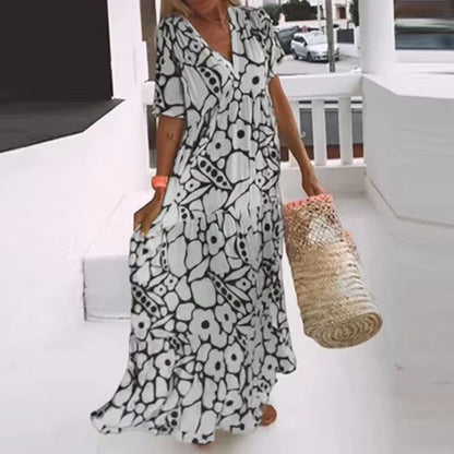 vmtvr Bohemian Pattern Print Loose Long Dress Women Spring V Neck A-Line Office Maxi Dress Summer Short Sleeve Casual Beach Dress