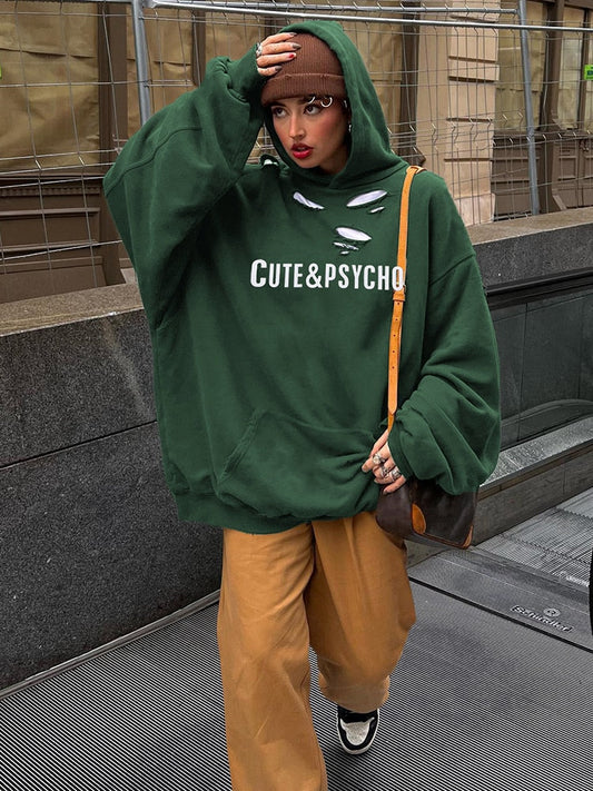 Streetwear Green Hole Grunge Oversize Hoodies Women Letter Harajuku Autumn Pullovers Casual Loose Hooded Sweatshirts