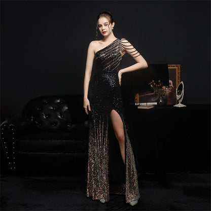 vmtvr - Elegant One Shoulder Slit Gold Sequin Evening Dress  Women Beads Party Maxi Dress