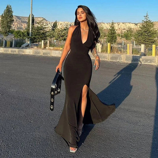 vmtvr New Black Maxi Dress Women Summer Sexy Backless Sleeveless Halter Party Split Dress Simple Fashion Casual Elegant A-LINE Dresses