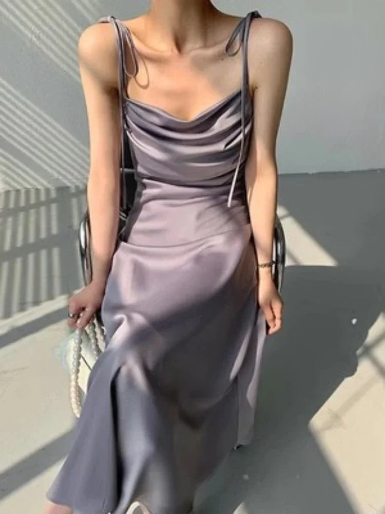 vmtvr Purple Satin Slip Midi Dress Women Vintage Korean Fashion Lace-up Spaghetti Strap Elegant Party Dresses 2024 Summer