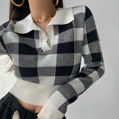 -Fall Outfits -Fall Outfits Long Sleeve Top Autumn Winter Vintage Knitwear Crop Tops Women Pullover Sweaters Fashion Female Long Sleeve Elastic Casual Plaid Knitted Shirts