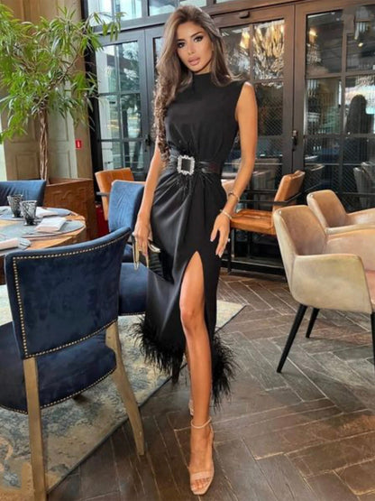 vmtvr - Fashion Black Feather Split Midi Dress 2023 New Summer Women's Sexy Sleeveless Belted Celebrity Club Party Dress Vestidos