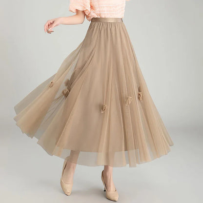 vmtvr Fashion Women Mesh Skirts Summer Casual Ball Gown Loose Midi Skirts Korean All Match Female Elegant A Line Skirts New