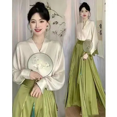 new chinese style dress improved ming dynasty hanfu national style long pleated skirt long sleeve top daily two pieces set