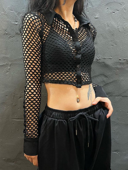 -Fall Outfits  Fashion Chic Black Fishnet Crop Top Cropped Women Blouse Hollow Out Cardigan Buttons Up Sexy Party Shirt Thin Outfits