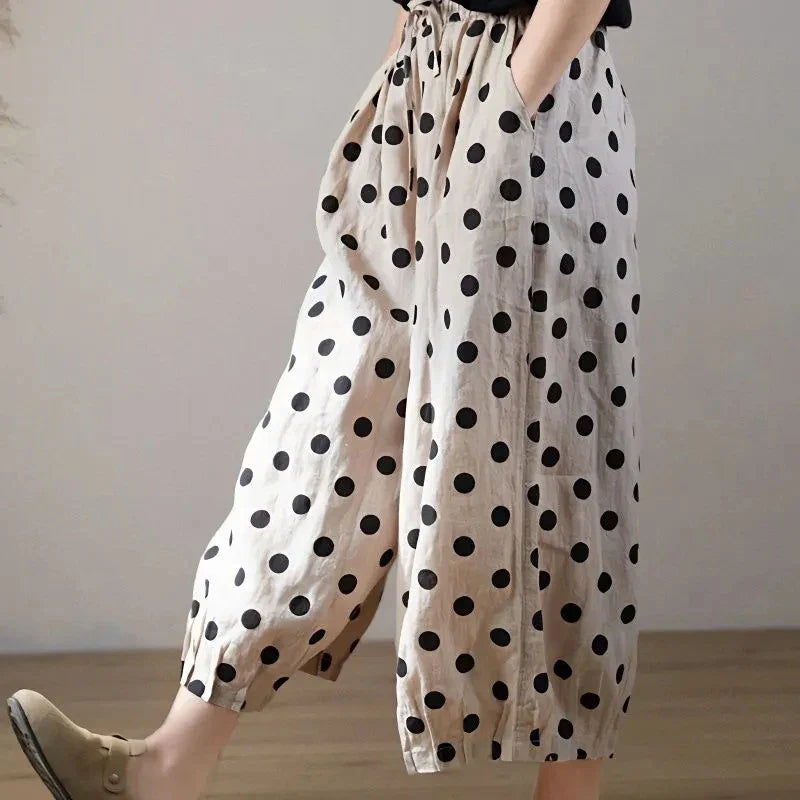 vmtvr Cotton Linen Wide Leg Pants Women Dot Print Bloomers Pants Summer Japanese Oversized Loose Casual Ankle-Length Trousers