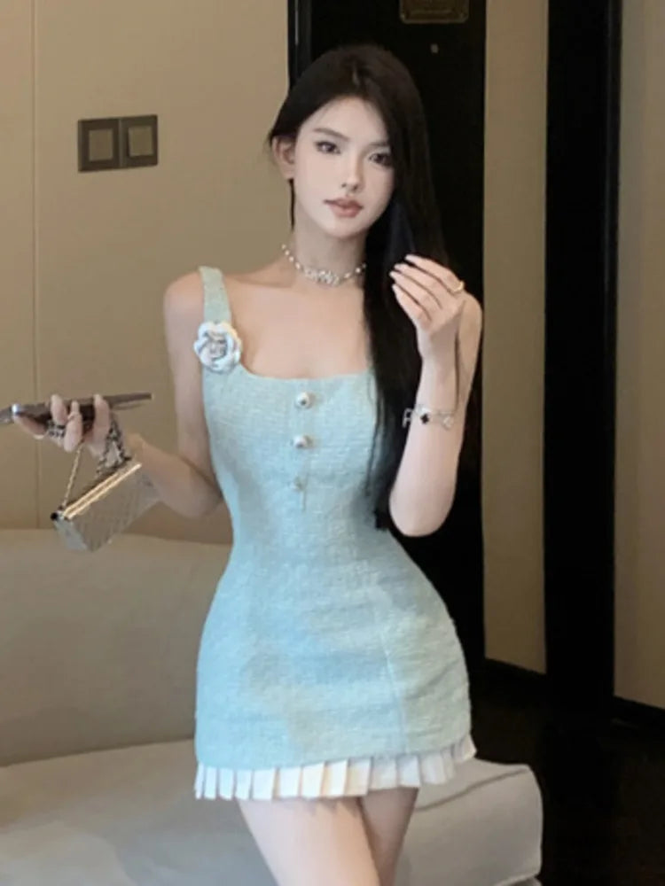 vmtvr  -  Korean Sweet Small Fragrance Tweed Dresses For Women French Fashion 3D Flower Summer Dress Hotsweet Sexy Tank Party Dress