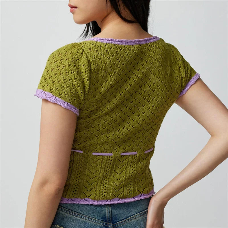 vmtvr y2k Crop Top Summer Women Contrast Color Square Neck Short Sleeve T-shirt 2000s Aesthetic Clothing Fashion Knitwear