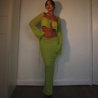 vmtvr Y2K See Through Maxi Skirt 2 Pieces Sets Long Sleeve Cardigan Crop Top Bodycon Long Skirt Women  Summer Dress Sets