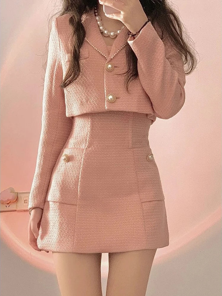 vmtvr -Autumn Pink Elegant Two Piece Set Women Korean Style Balzer Coat+Strap Mini Dress Set Female Solid Casual Slim Designer Set 2024