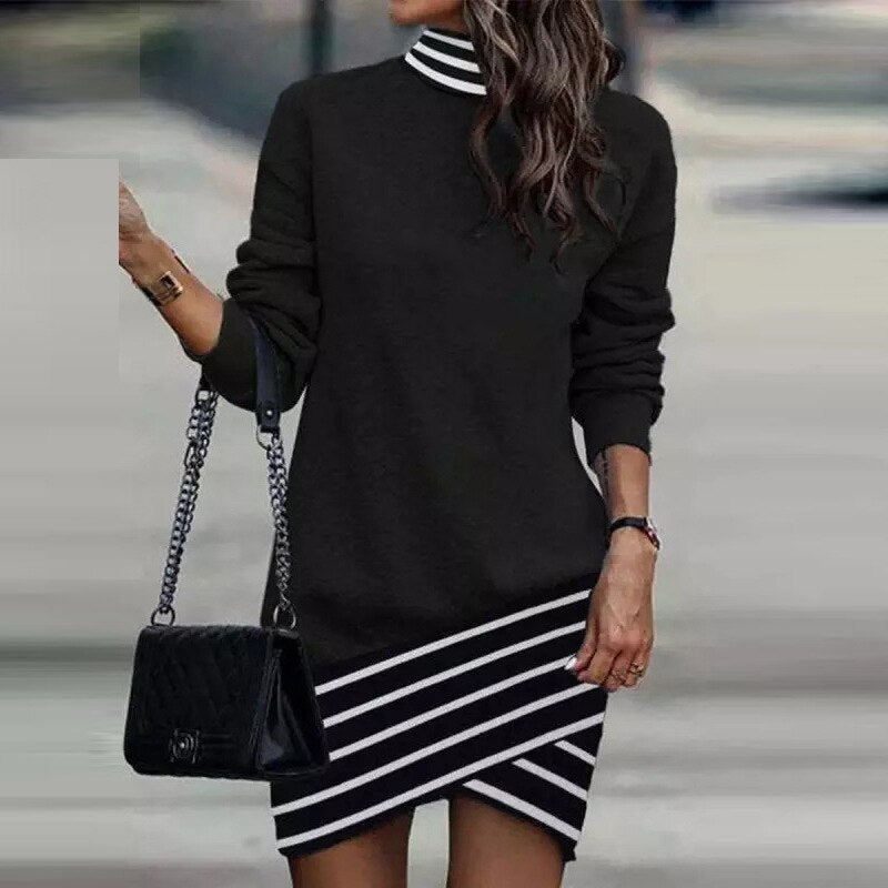 Spring Autumn Print Causal Dresses For Women Long Sleeve High Neck Pencil Mini Dress