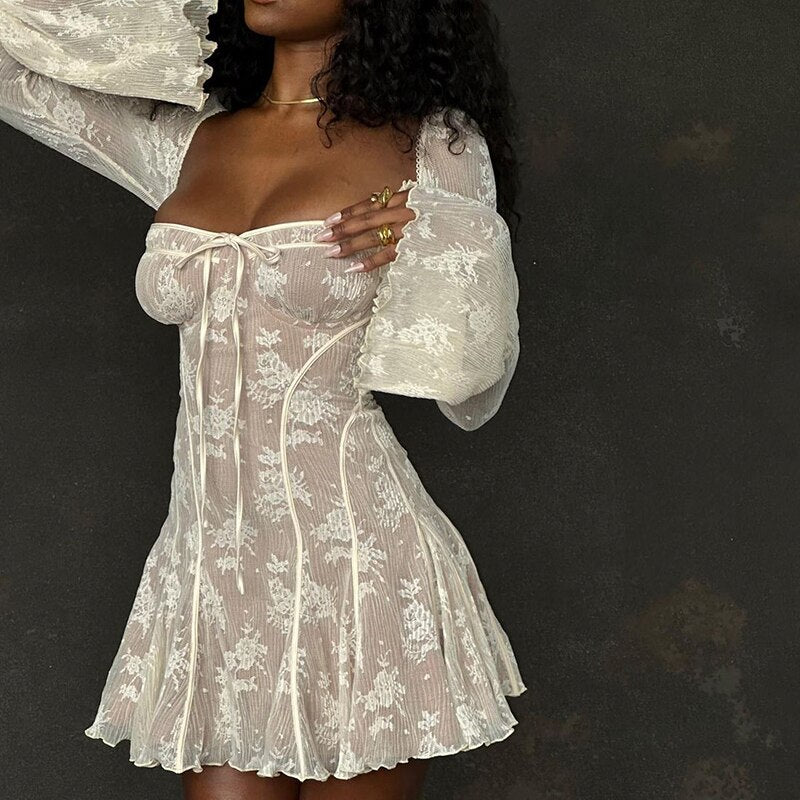 vmtvr - Elegant Birthday Short Dress Women's Square Collar Lace Patchwork Full Sleeve Party Mini Dresses Fairycore Aesthetic