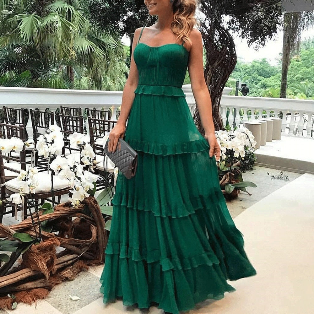 vmtvr Green Tulle Spaghetti Strap Womens Dress Elegant Party Evening Sleeveless Sexy Long Dresses Pleated Ruffles Maxi Summer Dress