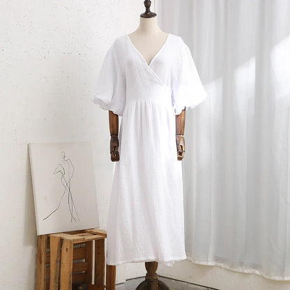 vmtvr  -  Causal 100% Cotton Women's Dress Vintage Crepe Gauze V-Neck Puff Sleeve Bandage Lace Up Elegant White Dresses Long Maxi Robe