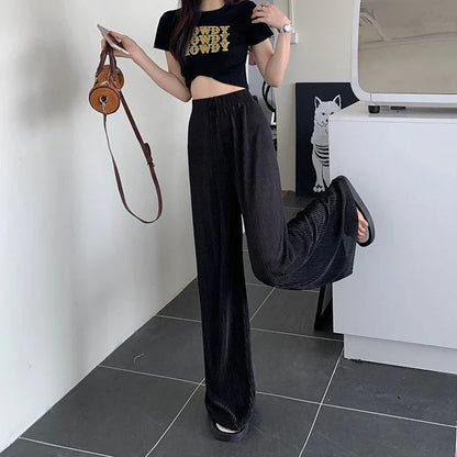 vmtvr Fashion Streetwear Women Harajuku Wide Leg Pants Summer Loose Thin Pleated Straight Trousers High Waist Elastic Y2k Pants