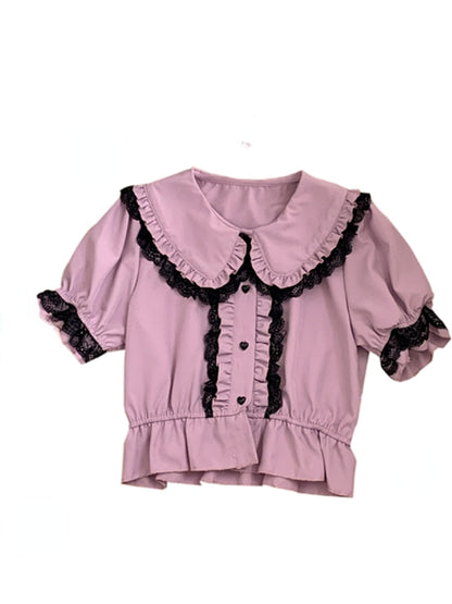 Back to School Kawaii Girl Sweet Cute Lolita Puff Sleeve Shirt Summer Y2k Lace All Match Blouse Top New Female Single Breasted  Summer