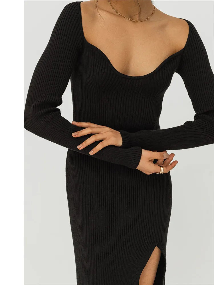 vmtvr Square Collar Elegant Ribbed Knitting Slit Dress for Women Autumn Winter Fashion Outfits Sexy Midi Dresses Clothes