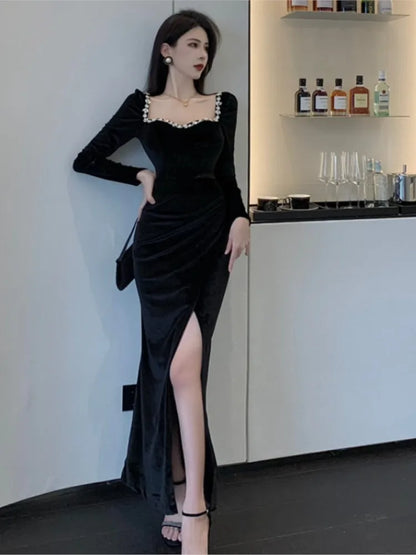 vmtvr  -  Bodycon Sexy Party Dresses Women Winter Black Evening Elegant Long Dress Ladies France Vintage Split Fishtail Vestidos Autumn