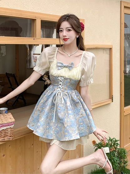 vmtvr 2024 Y2K Summer Japanese Lolita Women's Princess Dress Bandage Cosplay Costumes Bowknot Ribbon Square Collar Mini Dress Fashion