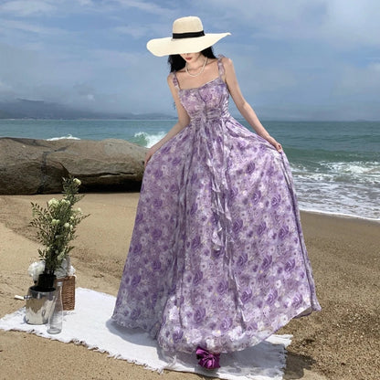 vmtvr  -  French Vintage Purple Print Long Dresses for Women Summer Sexy Backless Sleeveless Ruffles Beach Holiday Female Clothing