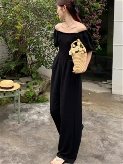 vmtvr Black Jumpsuits Women Elegant Chic Slim Work Wear New Summer Office Lady Wide Leg Slash Neck Daily Rompers